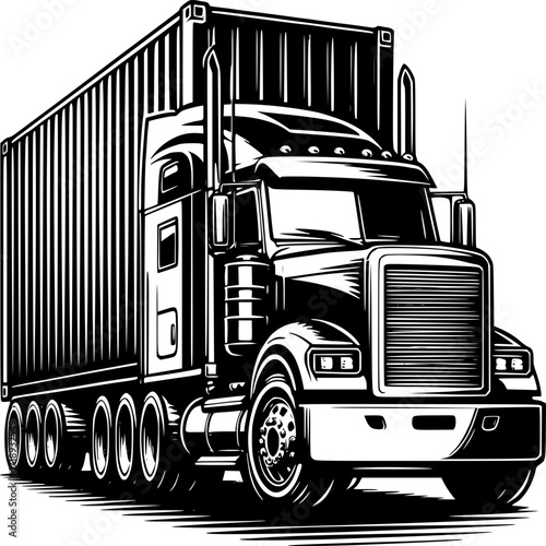 Trucking Freight: A bold black and white illustration presents a powerful truck, symbolizing global cargo movement and the dynamics of transport and logistics.