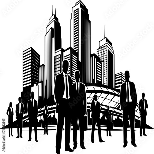 City Skyline: A group of business figures are standing in front of a detailed line art city skyline. Illustrating business success, opportunities and future