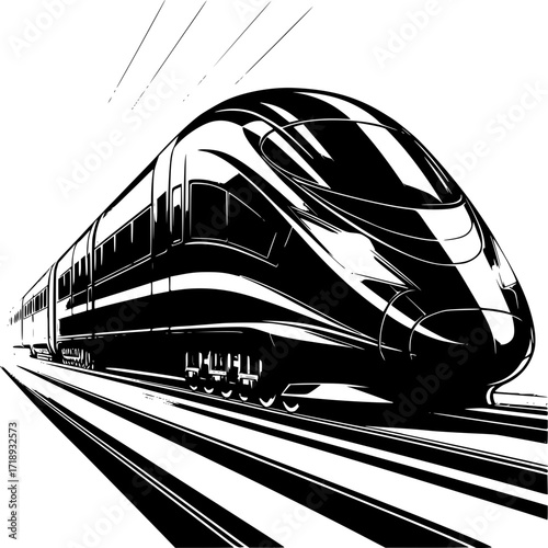Sleek Speed: A high-speed train glides effortlessly along the tracks, showcasing a minimalist monochromatic design and sleek, modern engineering. 