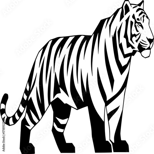  Majestic Tiger Silhouette: A stark monochrome depiction of a majestic tiger showcases its powerful physique, highlighting its iconic stripes and captivating presence.