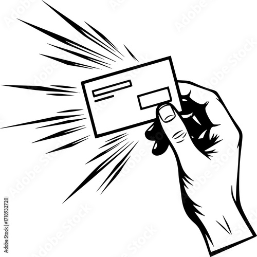 Hand Holding Card: A detailed outline of a hand holding a rectangular card, stylized with dynamic lines to emphasize its presence in a dynamic composition