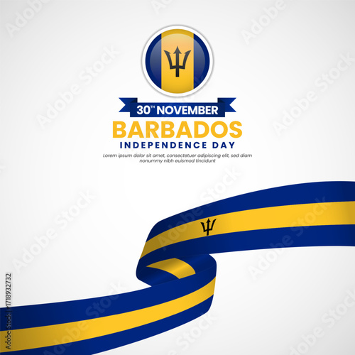 Barbados independence day greeting card, square banner background with warving ribbon flag