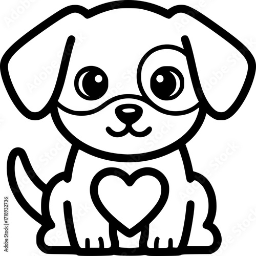 Cute Puppy with Heart Outline: An adorable puppy illustrated in a charming outline style, featuring large expressive eyes, floppy ears, and a heartwarming heart symbol on its chest.
