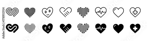 Heart icon set. Different shapes for peace and love symbol, friendship or partnership logo, Valentine's Day, medicine concept sign and more. Vector illustration.