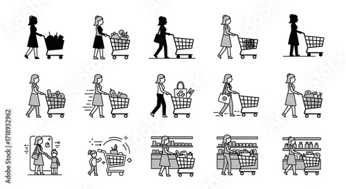 A collection of black and white illustrations depicting various people, primarily women, engaged in shopping activities with grocery carts, some with children.
