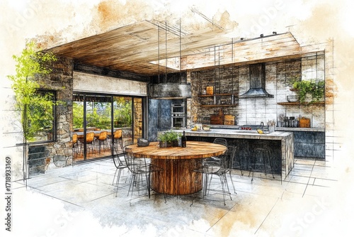 An open-plan, sketched design of a rustic-style kitchen and dining area, featuring exposed stone walls, wooden beams, and a large round table, bathed in natural light.