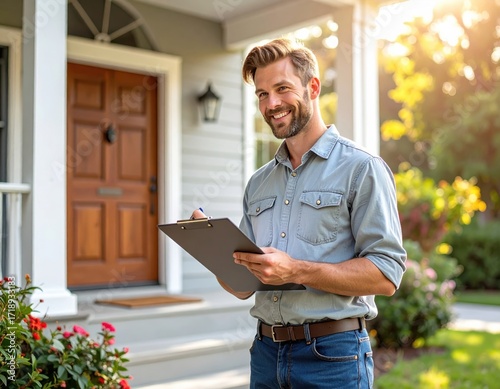 Home Inspector at Work: Checklist and Sunny Outdoor Inspection