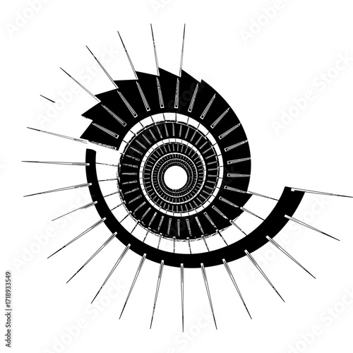 Spiral staircase top view monochrome vector design, abstract optical illusion style, modern minimal architectural pattern illustration