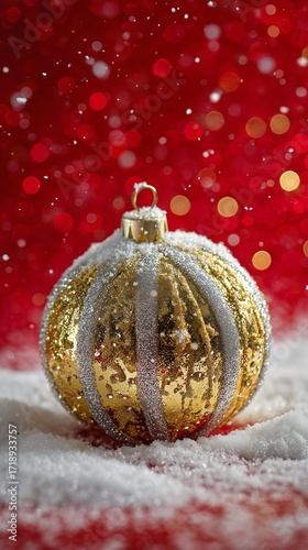 Beautiful Golden Christmas Ornament on Snowy Surface With Red Sparkling Backg...