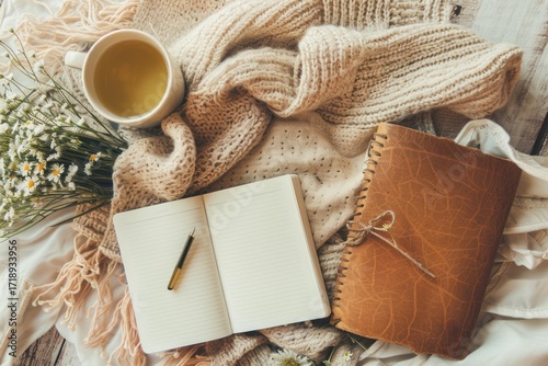 Overhead shot of tea, notebook, pen, flowers, and sweater on a white blanket, creating a warm and inviting scene