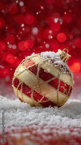 Bright Golden Ornament Resting on a Bed of Snow Against a Sparkling Red Backg...