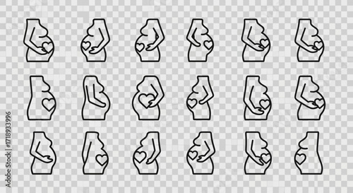 Sequence of silhouettes illustrating the progressive growth of a pregnant abdomen over time, culminating in the visible outline of a fetus.