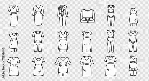 Outlined illustrations of various dresses and outfits for women, including maternity wear.