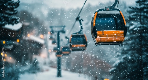 Snowy Chairlift Ride Through Winter Forest Landscape During a Calm Snowy Day.