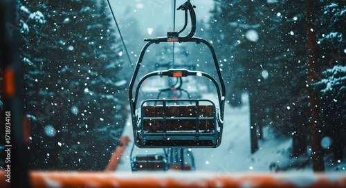 Snowy Chairlift Ride Through Winter Forest Landscape During a Calm Snowy Day