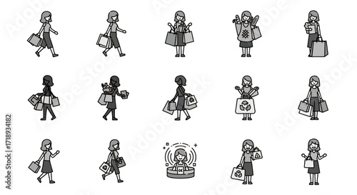 A collection of grayscale cartoon illustrations depicting a woman shopping with various shopping bags in different poses and actions.