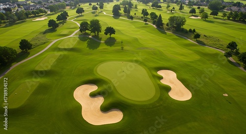 Aerial view of a well-maintained golf course with sand bunkers and green fairways