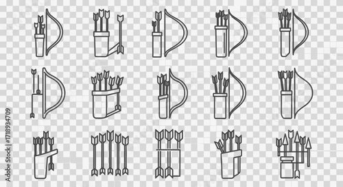 A grid of stylized line art icons depicting archers in various stages of drawing a bow and arrow, ready to shoot.