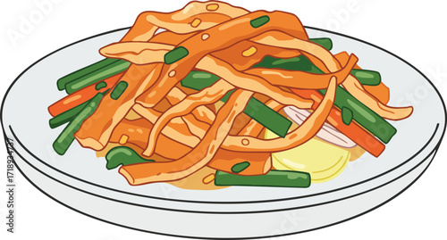 A plate of stir-fried vegetables, featuring orange and green ingredients, ready to be eaten.