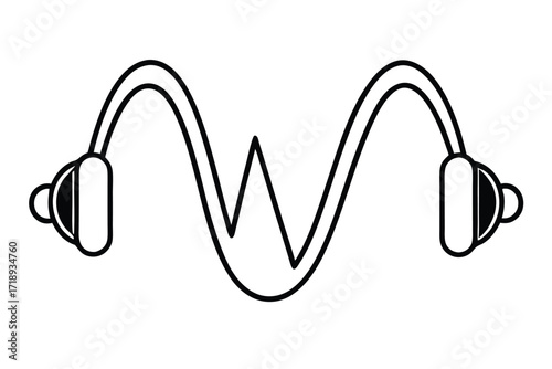 Headphones Wave Icon, Black Line Outline Art Isolated on White Background, Earphones
