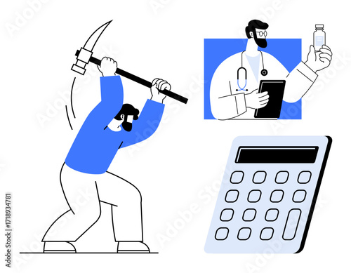 Depicts laborer with pickaxe, doctor evaluating health solution, and calculator symbolizing analysis. Ideal for business, healthcare, labor, economy, research, decision-making and productivity