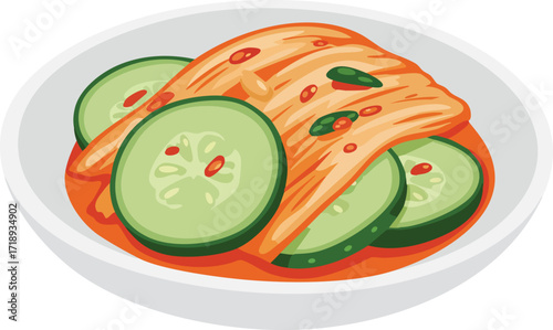 A close-up view of a white bowl filled with spicy kimchi and sliced cucumbers, presented as a vibrant and appetizing dish.