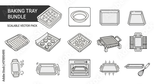 A collection of vector illustrations depicting various baking trays and kitchenware, including a baking tray bundle, oven, and whisk.