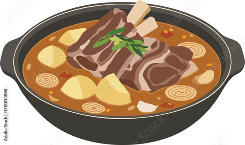 Cartoon illustration of a hearty beef stew with potatoes and onions in a black pot.