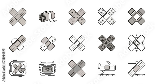 A collection of fifteen different bandage and adhesive plaster designs, presented in a minimalist, line-art style.