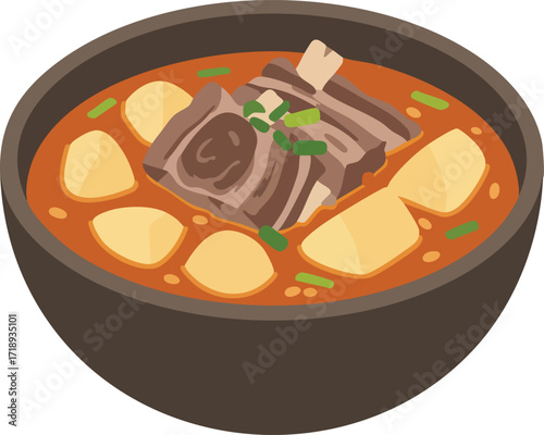 A bowl of hearty stew with meat and potatoes.