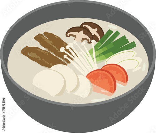 A vector illustration of a bowl of Asian hot pot soup with shiitake and enoki mushrooms, scallions, tomatoes, and rice cakes.
