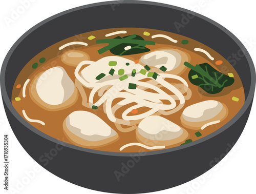 Bowl of noodle soup with dumplings and green vegetables.