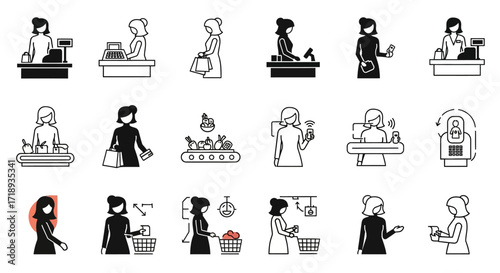 A collection of minimalist black and white icons depicting women as shoppers and cashiers in various retail and supermarket scenarios.