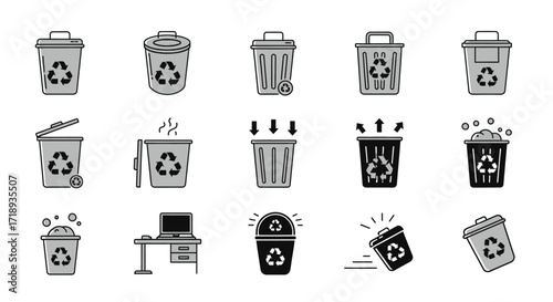 A collection of grayscale icons illustrating various trash cans, recycle bins, and waste management concepts.