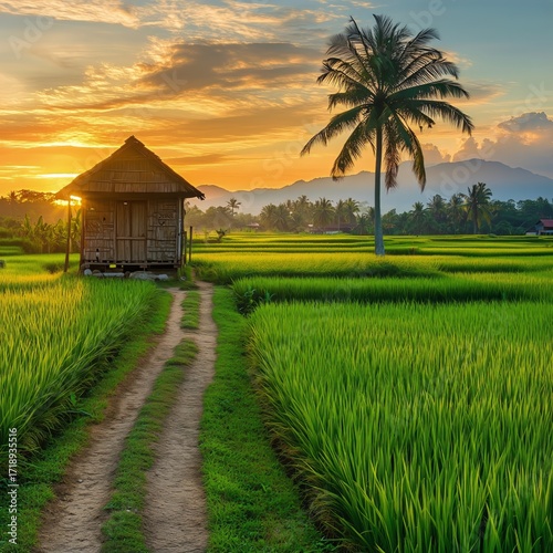Scenic Sunrise Over Rice Fields With a Rustic Hut and Palm Tree in the Foregr...