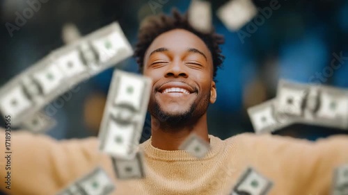 Raining Riches: A joyful individual embraces a deluge of cash, symbolizing wealth, prosperity, and financial freedom, the image radiates success and a cheerful outlook.