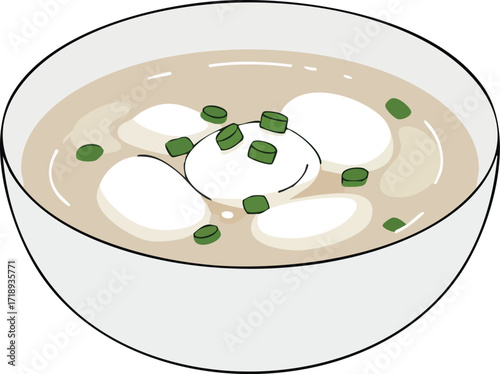 A simple illustration of a white bowl filled with Asian rice cake soup, garnished with chopped green onions.