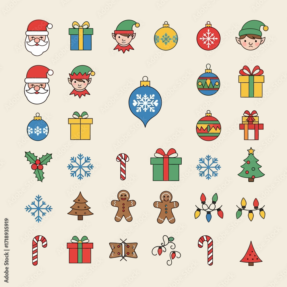 Naklejka premium Collection of colorful Christmas icons featuring Santa Claus, elves, ornaments, gifts, snowflakes, and Christmas trees.