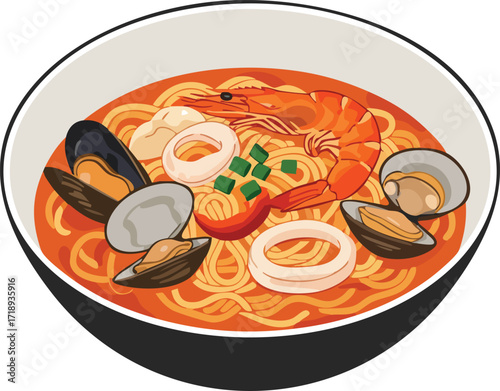 A vibrant illustration of a seafood ramen bowl, showcasing noodles, shrimp, and various shellfish.