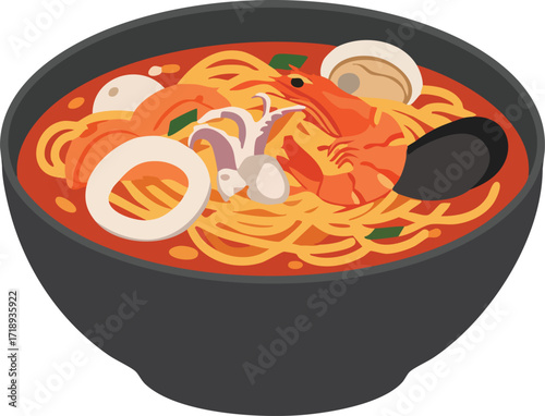 Bowl of seafood noodle soup with shrimp and squid.