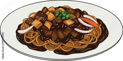 Plate of black bean sauce spaghetti with meat and vegetables.