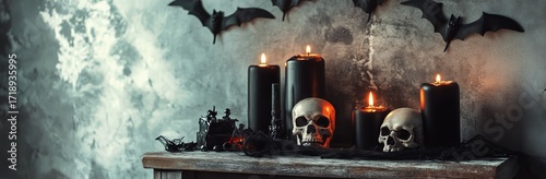 Candlelit Halloween Decoration With Skulls and Bats in a Dimly Lit Setting