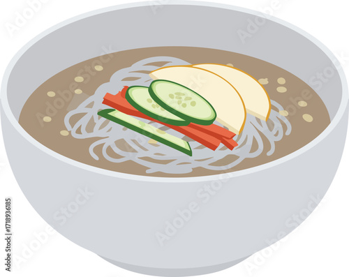 Bowl of Korean cold noodles with vegetables and fruit.