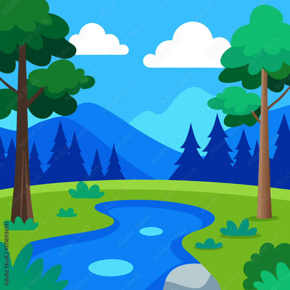 Obraz premium Blue lake in thick summer forest vector landscape background.