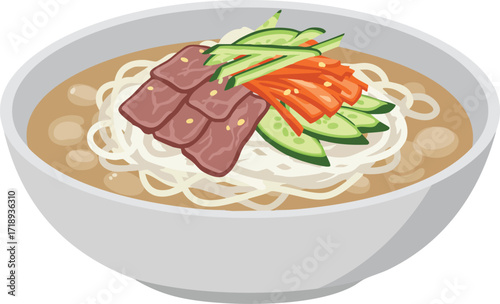 A bowl of cold noodle soup with thinly sliced beef, cucumber, and shredded carrots.