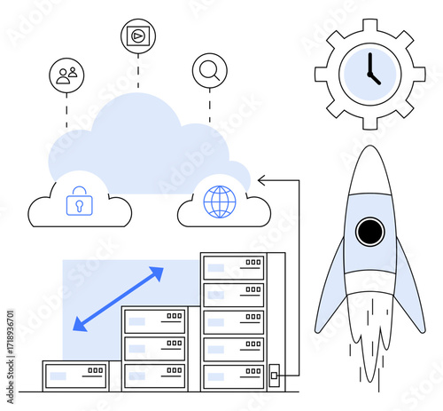 Cloud computing icons with secure storage, data exchange, and scalability surrounded by a propelled rocket, signifying growth. Ideal for cloud solutions, data management, scalability strategy, cyber