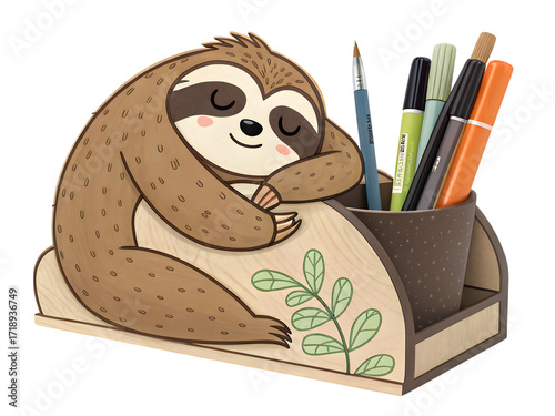 Adorable sleepy sloth holding pens and art supplies in a cute desk organizer,isolated on white background.