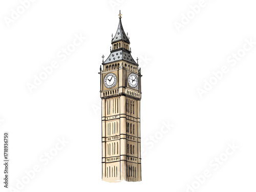 Iconic London Big Ben clock tower illustration for travel and city exploration inspiration,isolated on white background.