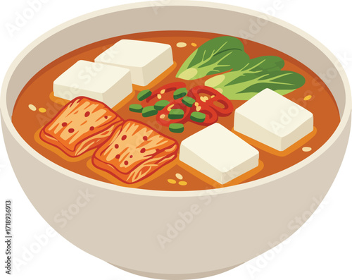 A close-up illustration of a bowl of Korean kimchi jjigae with tofu and vegetables.