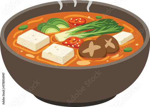 A bowl of steaming, flavorful Korean stew, featuring tofu, vegetables, and mushrooms.